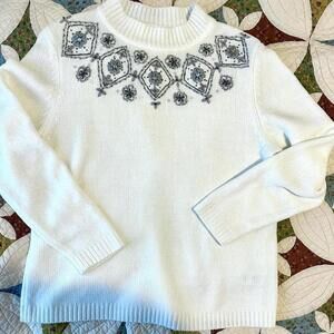 Unique cozy grandma white floral embroidered winter Christmas sweater